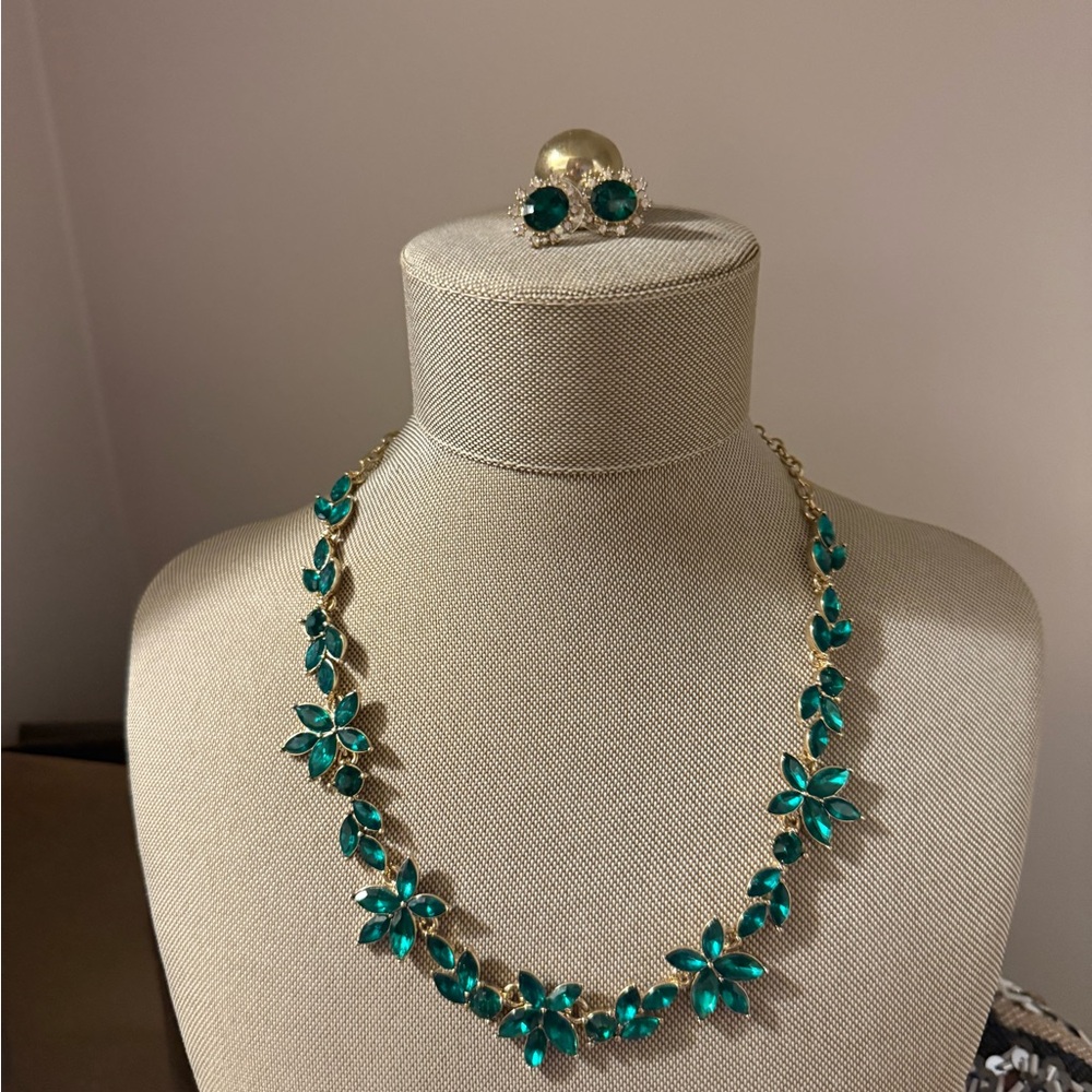 J. Crew Factory Green Floral Necklace and Earring Set